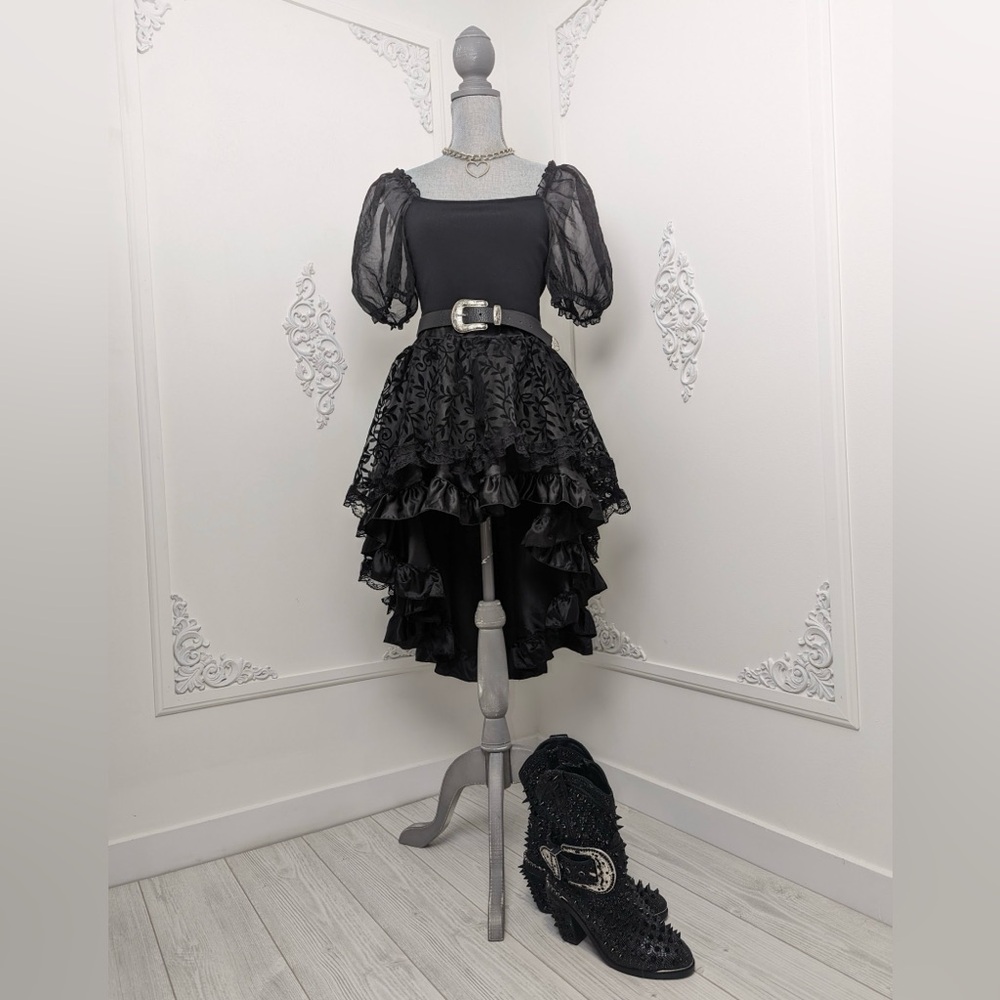 High Low Velvet Embossed Gothic Ruffle Skirt
